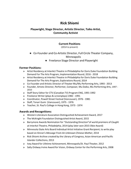 Rick Shiomi Playwright, Stage Director, Artistic Director, Taiko Artist, Community Activist ______