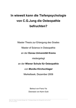 In Wieweit Kann Die Tiefenpsychologie Von C.G.Jung Die Osteopathie Befruchten?