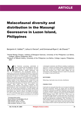 Malacofaunal Diversity and Distribution in the Masungi Georeserve in Luzon Island, Philippines