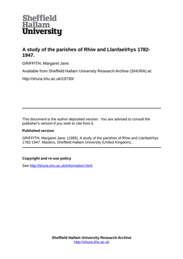 A Study of the Parishes of Rhiw and Llanfaelrhys 1782- 1947. GRIFFITH, Margaret Jane