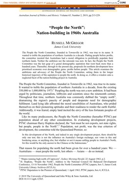 “People the North”: Nation-Building in 1960S Australia