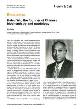 Hsien Wu, the Founder of Chinese Biochemistry and Nutriology