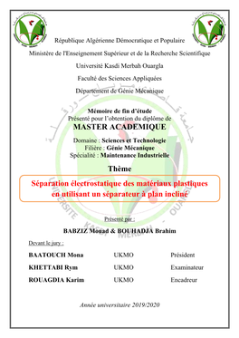 MASTER ACADEMIQUE Thème Séparation Électrostatique Des