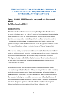 Frederick Copleston Senior Research Fellow & Lecturer in Theology And/Or Philosophy in the Catholic Tradition (Fixed Term)