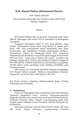 K.H. Ahmad Dahlan (Muhammad Darwis) Oleh: Nafilah Abdullah Dosen Fakultas Ushuluddin Dan Pemikiran Islam UIN Sunan Kalijaga Yogyakarta