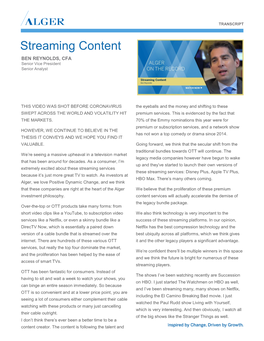 Streaming Content BEN REYNOLDS, CFA Senior Vice President Senior Analyst