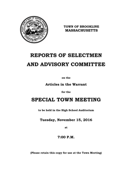 Reports of Selectmen and Advisory Committee Special