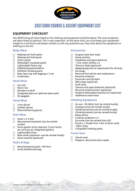 2021 Euro Course & Ascent Equipment List