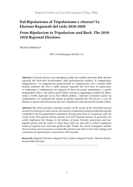 Le Elezioni Regionali Del Ciclo 2018-2020 from Bipolarism to Tripolarism and Back