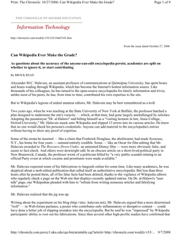 The Chronicle: 10/27/2006: Can Wikipedia Ever Make the Grade? Page 1 of 9