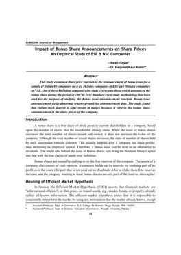 Impact of Bonus Share Announcements on Share Prices an Empirical Study of BSE & NSE Companies