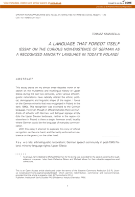 Essay on the Curious Non-Existence of German As a Recognized Minority Language in Today’S Poland)1