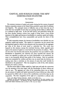 CAPITAL and SURPLUS UNDER the NEW CORPORATION STATUTES RAY Gantrrt *