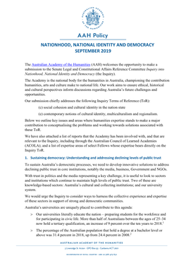 Nationhood, National Identity and Democracy September 2019