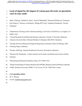 Lack of Signal for the Impact of Venom Gene Diversity on Speciation Rates In