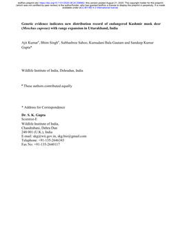 Genetic Evidence Indicates New Distribution Record of Endangered Kashmir Musk Deer (Moschus Cupreus) with Range Expansion in Uttarakhand, India
