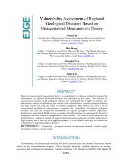 Vulnerability Assessment of Regional Geological Disasters Based on Unascertained Measurement Theory