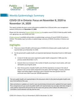 COVID-19 in Ontario: Focus on November 8, 2020 to November 14, 2020