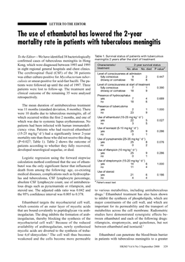 The Use of Ethambutol Has Lowered the 2-Year Mortality Rate in Patients with Tuberculous Meningitis