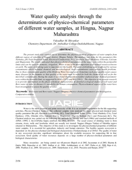 Water Quality Analysis Through the Determination of Physico-Chemical Parameters of Different Water Samples, at Hingna, Nagpur Maharashtra Vidyadhar M