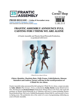 Frantic Assembly Announce Full Casting for I Think We Are Alone