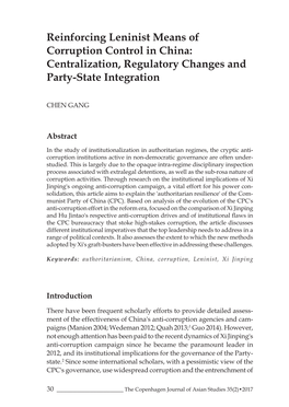 Reinforcing Leninist Means of Corruption Control in China: Centralization, Regulatory Changes and Party-State Integration