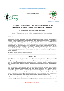 The Nilgiris: Landslide Prone Zones and Human Influence on the Modification of Hill Environment Using Geospatial Technology