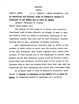 Abstract French Hardin, Moses B. A., Johnson C. Smith University, 1973