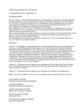 "Decreto Supremo N° 001-2005-Sa El Presidente De