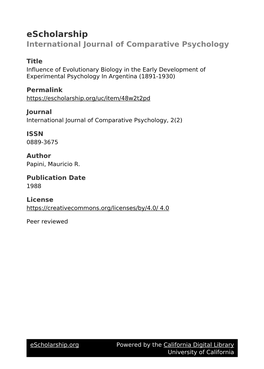 Influence of Evolutionary Biology in the Early Development of Experimental Psychology in Argentina (1891-1930)