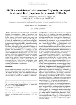 STAT1 Is a Modulator of the Expression of Frequently Rearranged in Advanced T‑Cell Lymphomas 1 Expression in U251 Cells