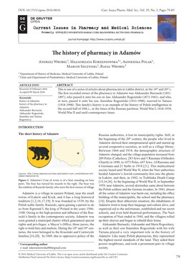 The History of Pharmacy in Adamów Andrzej Wrobel¹, Malgorzata Korzeniowska¹*, Agnieszka Polak¹, Marcin Szczygiel¹, Rafal Wrobel²