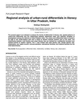 Regional Analysis of Urban-Rural Differentials in Literacy in Uttar Pradesh, India