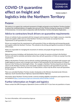 NT COVID-19 Quarantine Effect on Freight and Logistics Into The