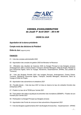 CONSEIL D'agglomeration Du Jeudi 1Er Avril 2021