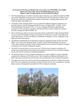 Approved Conservation Advice (Including Listing Advice) for Hunter Valley Weeping Myall (Acacia Pendula) Woodland 1