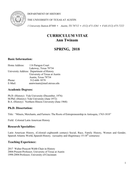 CURRICULUM VITAE Ann Twinam SPRING, 2018