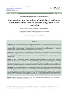 Opportunities and Limitations of Exotic Pinus Radiata As a Facilitative Nurse for New Zealand Indigenous Forest Restoration