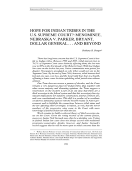 Hope for Indian Tribes in the U.S. Supreme Court?: Menominee, Nebraska V. Parker, Bryant, Dollar General . . . and Beyond