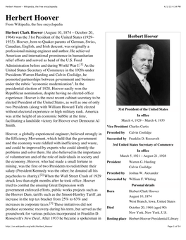 Herbert Hoover - Wikipedia, the Free Encyclopedia 4/1/13 4:34 PM Herbert Hoover from Wikipedia, the Free Encyclopedia
