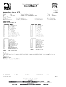 Korea DPR 1:0 (1:0) Match Date Venue / Stadium / Country Time Att