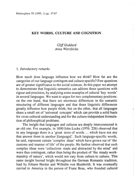 KEY WORDS, CULTURE and COGNITION 1. Introductory Remarks