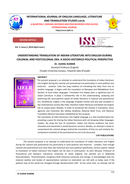 Understanding Translation of Indian Literature Into English During Colonial and Postcolonial Era: a Socio-Historico-Political Perspective