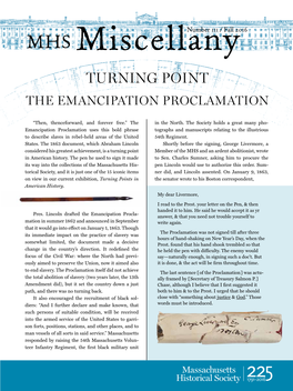 Fall 2016 MHS Miscellany TURNING POINT the EMANCIPATION PROCLAMATION