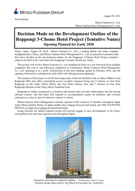 Decision Made on the Development Outline of the Roppongi 3-Chome Hotel Project (Tentative Name) Opening Planned for Early 2020