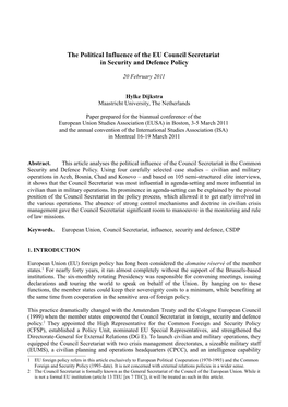The Political Influence of the EU Council Secretariat in Security and Defence Policy