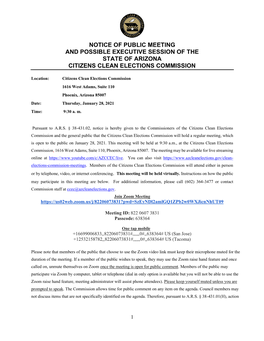 Notice of Public Meeting and Possible Executive Session of the State of Arizona Citizens Clean Elections Commission