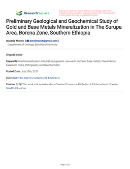 Preliminary Geological and Geochemical Study of Gold and Base Metals Mineralization in the Surupa Area, Borena Zone, Southern Ethiopia