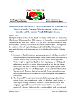 Statement from the National Youth Movement for Freedom and Democracy (Aka Qeerroo Bilisummaa) on the Current Condition of the Oromo People Ethiopian Empire