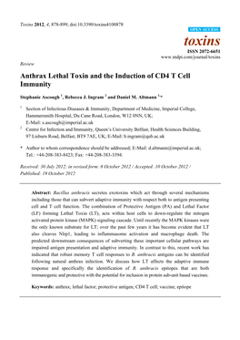 Anthrax Lethal Toxin and the Induction of CD4 T Cell Immunity